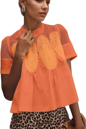 Women Swing Lace Blouse Summer Mock Neck Puff Short Sleeve Mesh Tops See Through A-Line Pleated Shirts Babydoll Top