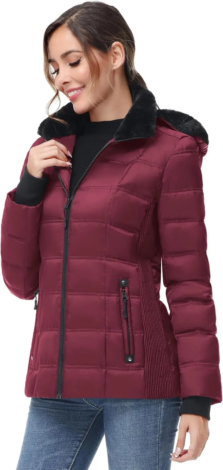 Women Warm Winter Down Puffer Jacket-Hooded Winter Puffer Coat for Women with Faux Fur Lined Hood and Collar