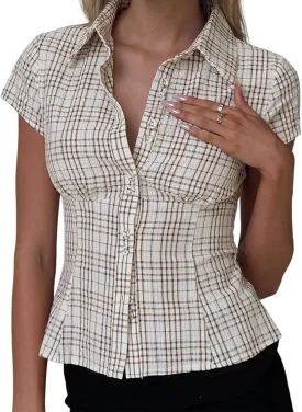 Women Y2k Button Up Shirt Cute E-Girls Short Sleeve V Neck Slim Fit Crop Top Fairy 90S Coquette Blouse