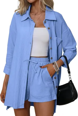 Women's 2 Piece Cotton Linen Set, 3/4 Sleeve Drap Shoulder High Low Button Down Shirt & Drawstring Shorts Side Pockets