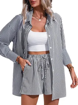 Women's 2 Piece Outfits Striped Button Down Long Sleeve Shirt and Drawstring Shorts Set