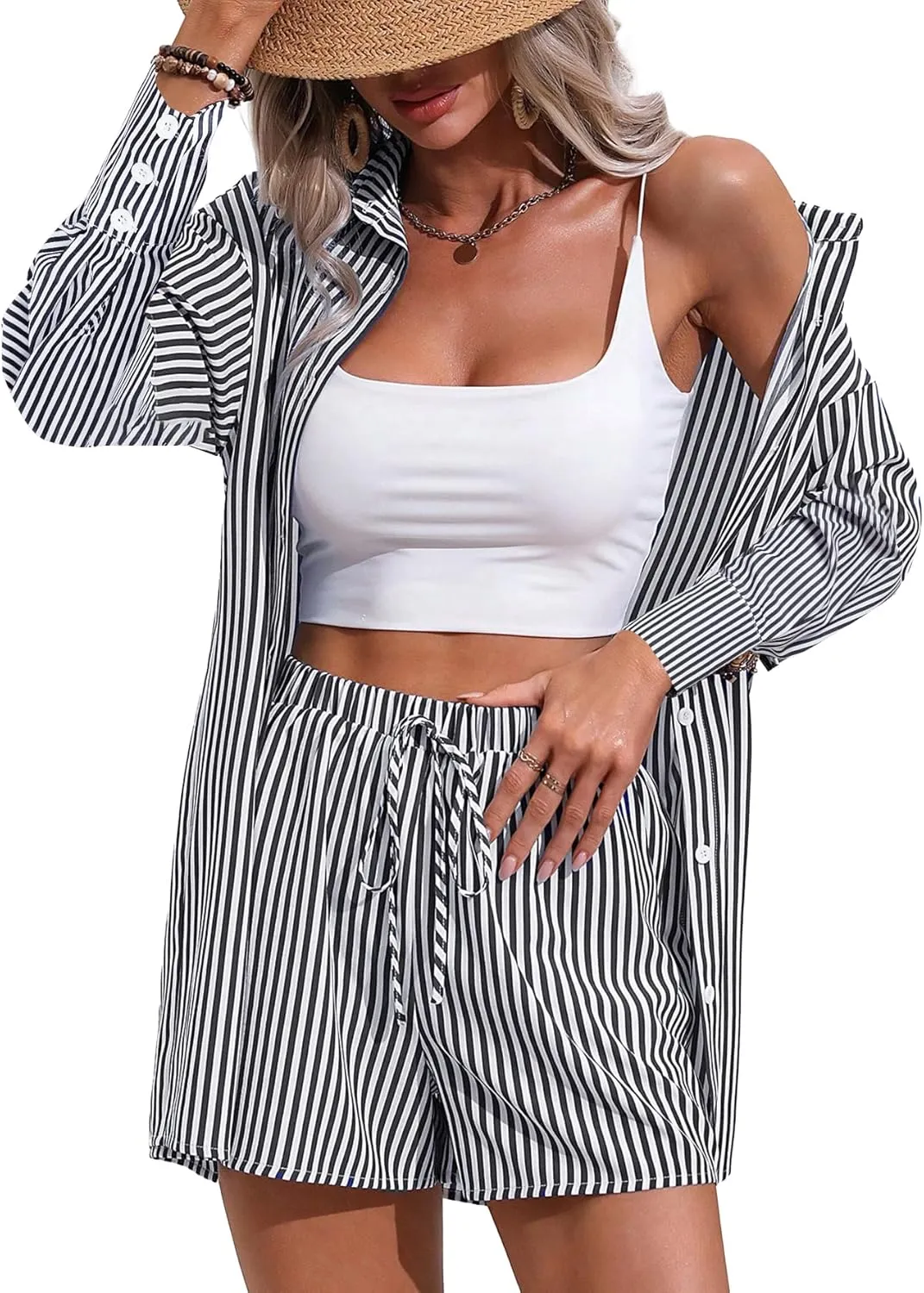 Women's 2 Piece Outfits Striped Button Down Long Sleeve Shirt and Drawstring Shorts Set