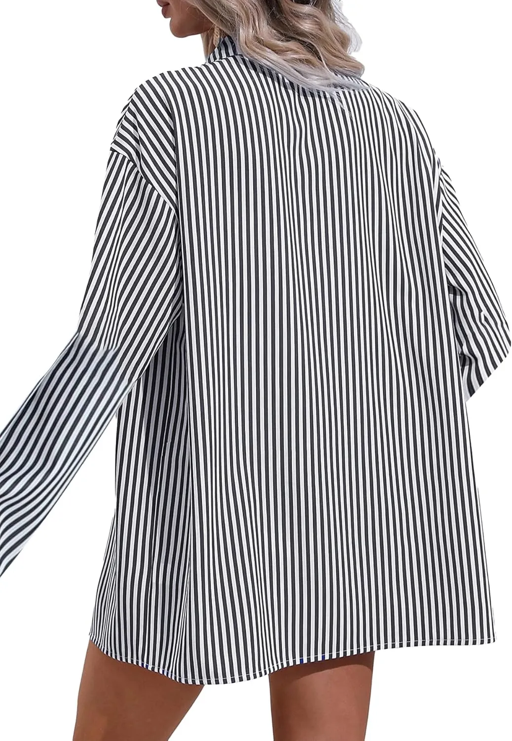 Women's 2 Piece Outfits Striped Button Down Long Sleeve Shirt and Drawstring Shorts Set