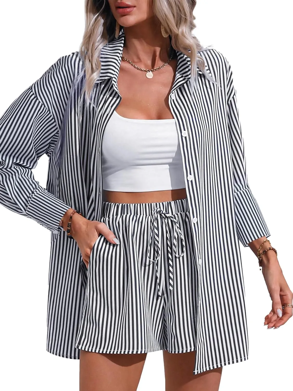 Women's 2 Piece Outfits Striped Button Down Long Sleeve Shirt and Drawstring Shorts Set