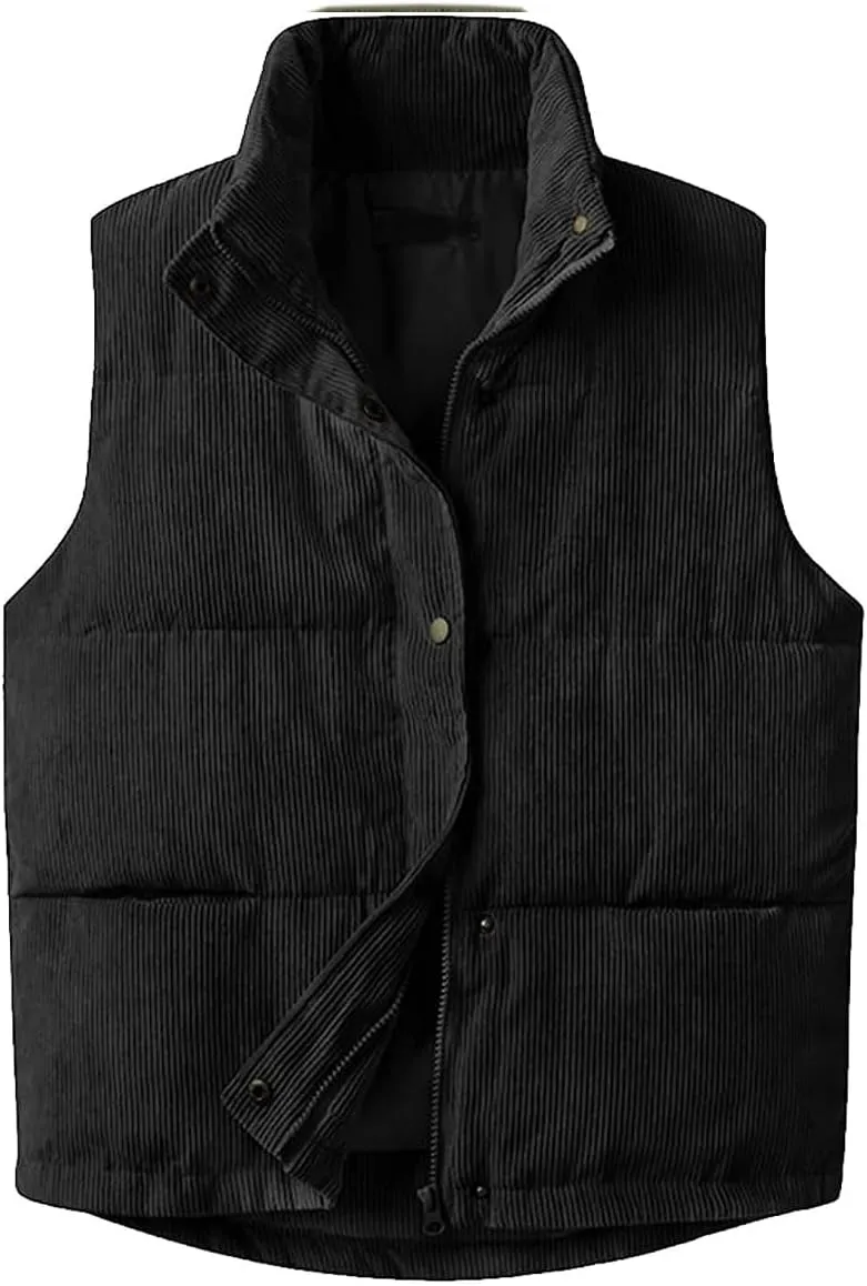 Womens Corduroy Puffer Vest Sleeveless Stand Collar Zip Up Snap Lightweight Jacket Padded Gilet Outerwear