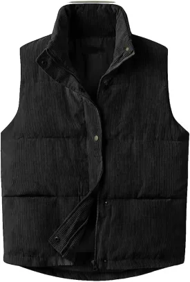 Womens Corduroy Puffer Vest Sleeveless Stand Collar Zip Up Snap Lightweight Jacket Padded Gilet Outerwear