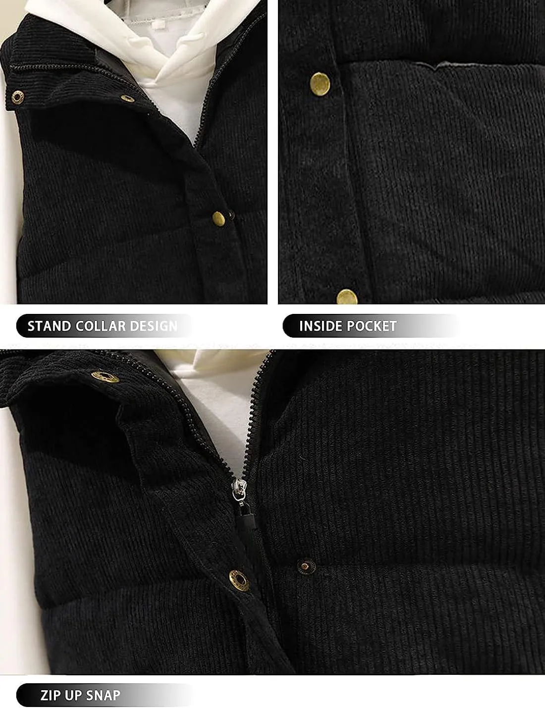 Womens Corduroy Puffer Vest Sleeveless Stand Collar Zip Up Snap Lightweight Jacket Padded Gilet Outerwear