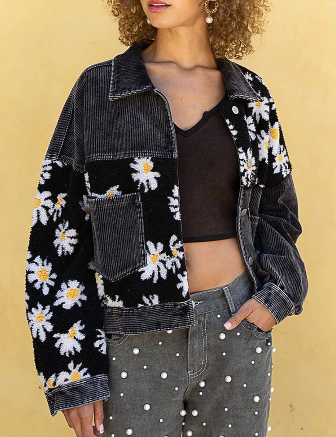 Womens Daisy Corduroy Jacket Fleece Patchwork Button Down Shacket Jacket Coats with Pockets