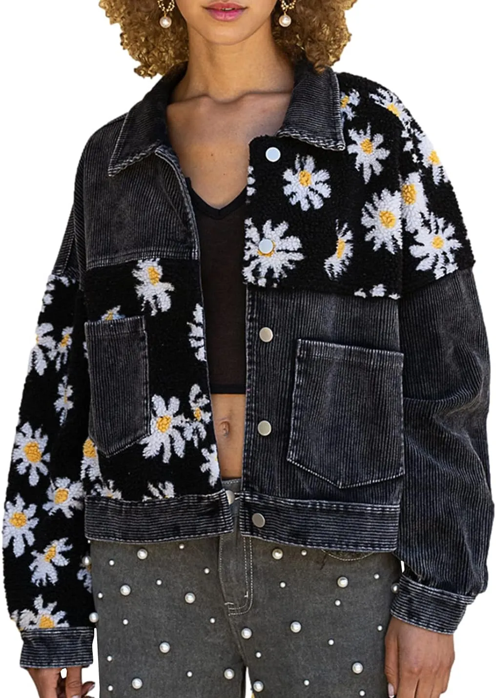 Womens Daisy Corduroy Jacket Fleece Patchwork Button Down Shacket Jacket Coats with Pockets