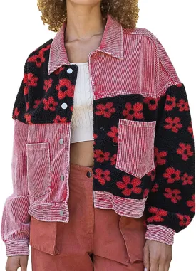 Womens Daisy Corduroy Jacket Fleece Patchwork Button Down Shacket Jacket Coats with Pockets