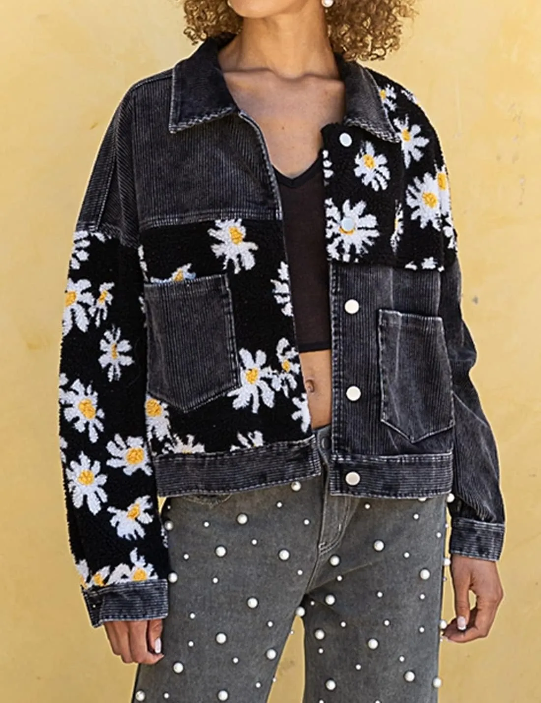 Womens Daisy Corduroy Jacket Fleece Patchwork Button Down Shacket Jacket Coats with Pockets
