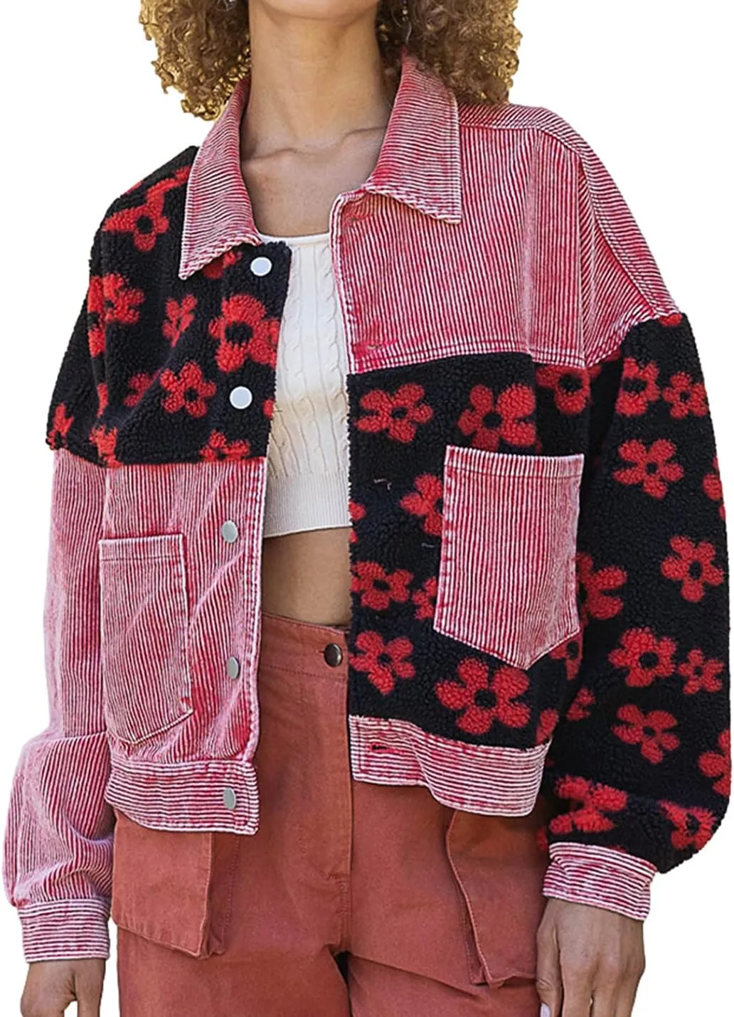 Womens Daisy Corduroy Jacket Fleece Patchwork Button Down Shacket Jacket Coats with Pockets
