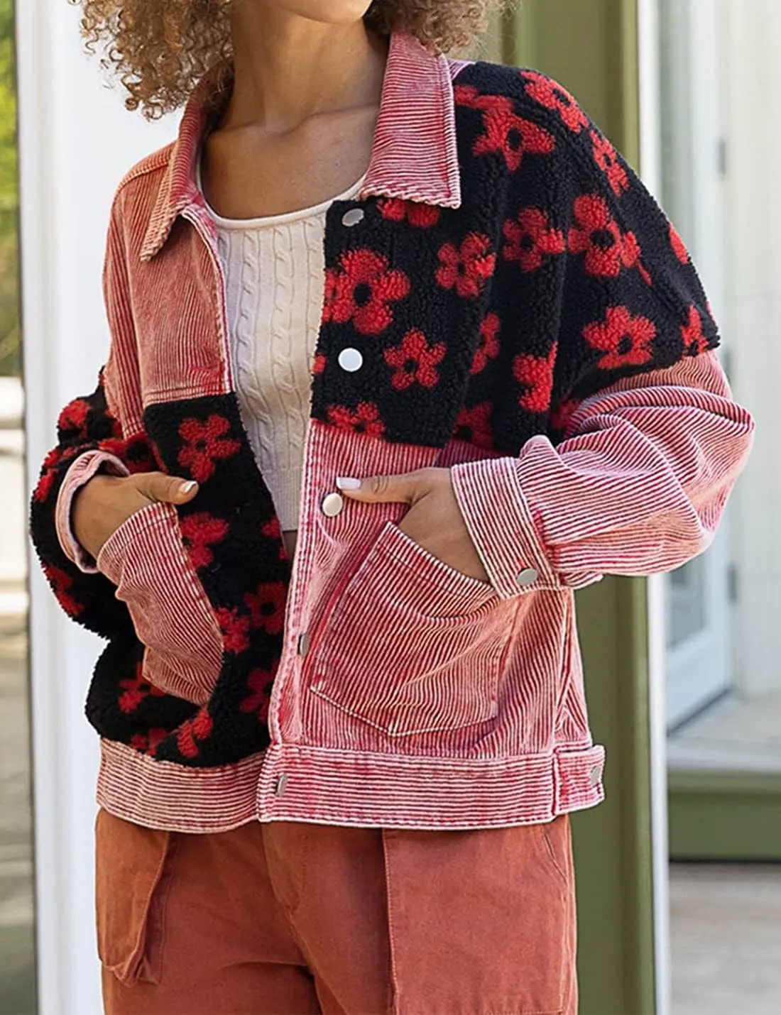 Womens Daisy Corduroy Jacket Fleece Patchwork Button Down Shacket Jacket Coats with Pockets