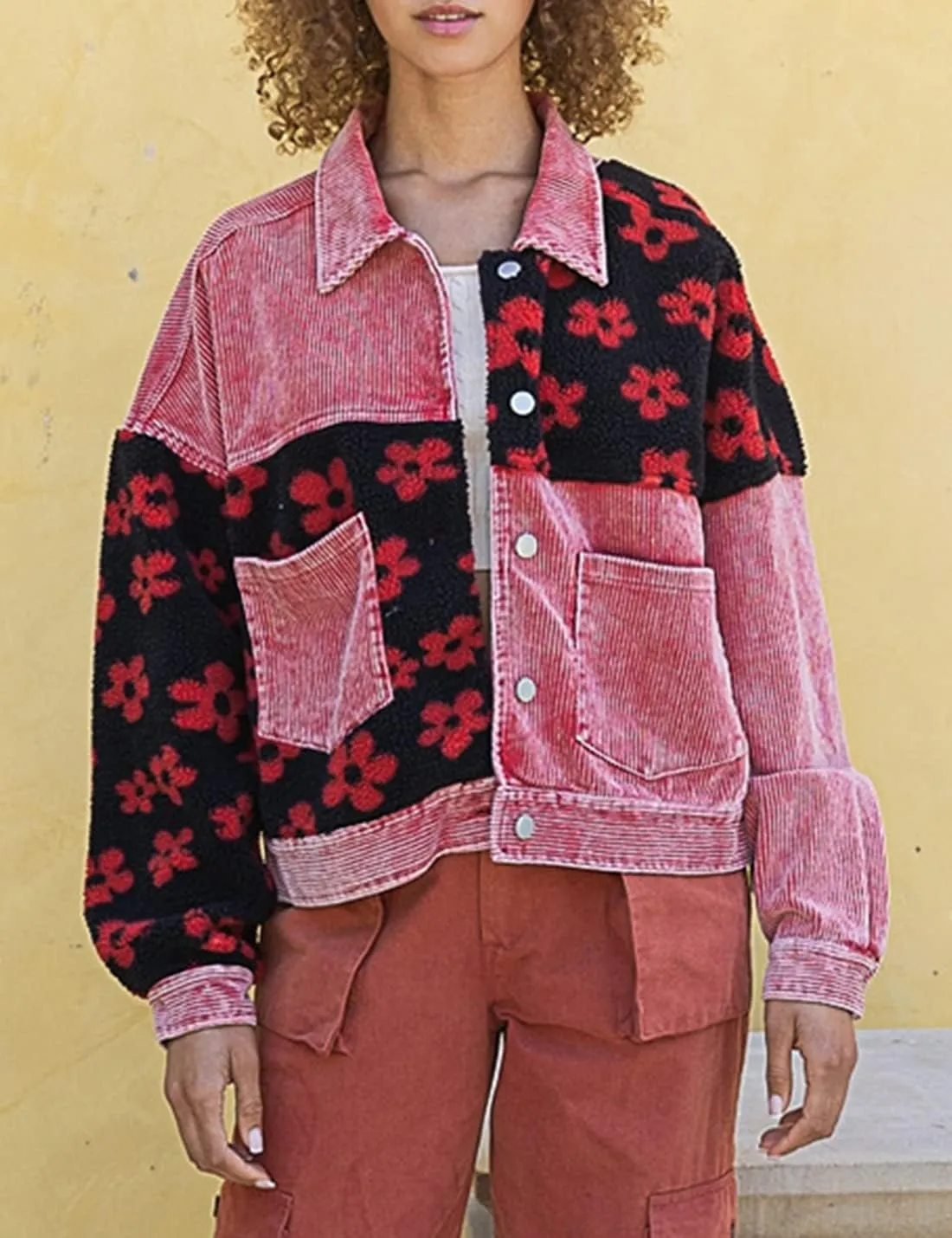 Womens Daisy Corduroy Jacket Fleece Patchwork Button Down Shacket Jacket Coats with Pockets