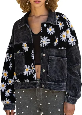 Womens Daisy Corduroy Jacket Fleece Patchwork Button Down Shacket Jacket Coats with Pockets