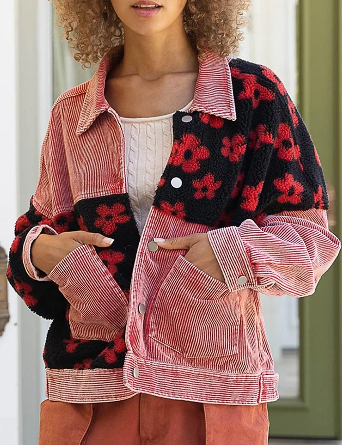 Womens Daisy Corduroy Jacket Fleece Patchwork Button Down Shacket Jacket Coats with Pockets