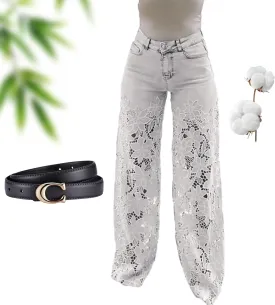 Women's Lace Patchwork Hollow Jeans, Summer High Waisted Casual Hollow Vintage Baggy Straight Wide Leg Denim Pants