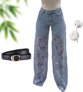 Women's Lace Patchwork Hollow Jeans, Summer High Waisted Casual Hollow Vintage Baggy Straight Wide Leg Denim Pants