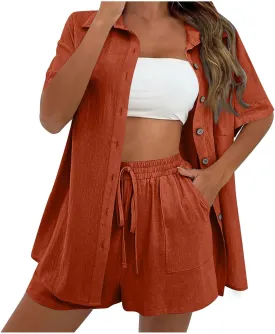 Womens Linen Cotton Summer Casual 2 Piece Outfits Short Sleeve Button Down Shirts Drawstring Shorts Lounge Tracksuit