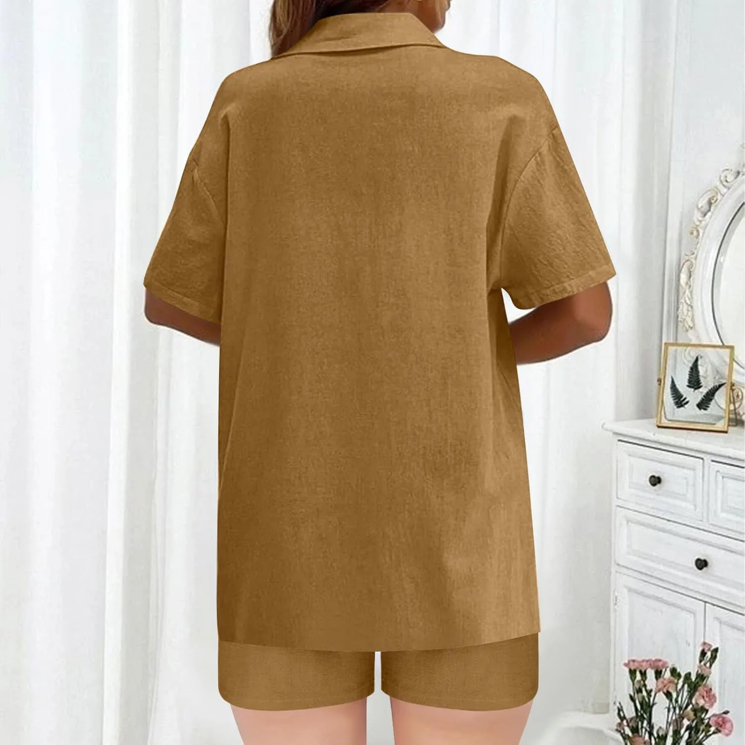 Womens Linen Cotton Summer Casual 2 Piece Outfits Short Sleeve Button Down Shirts Drawstring Shorts Lounge Tracksuit