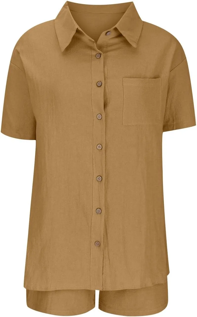 Womens Linen Cotton Summer Casual 2 Piece Outfits Short Sleeve Button Down Shirts Drawstring Shorts Lounge Tracksuit