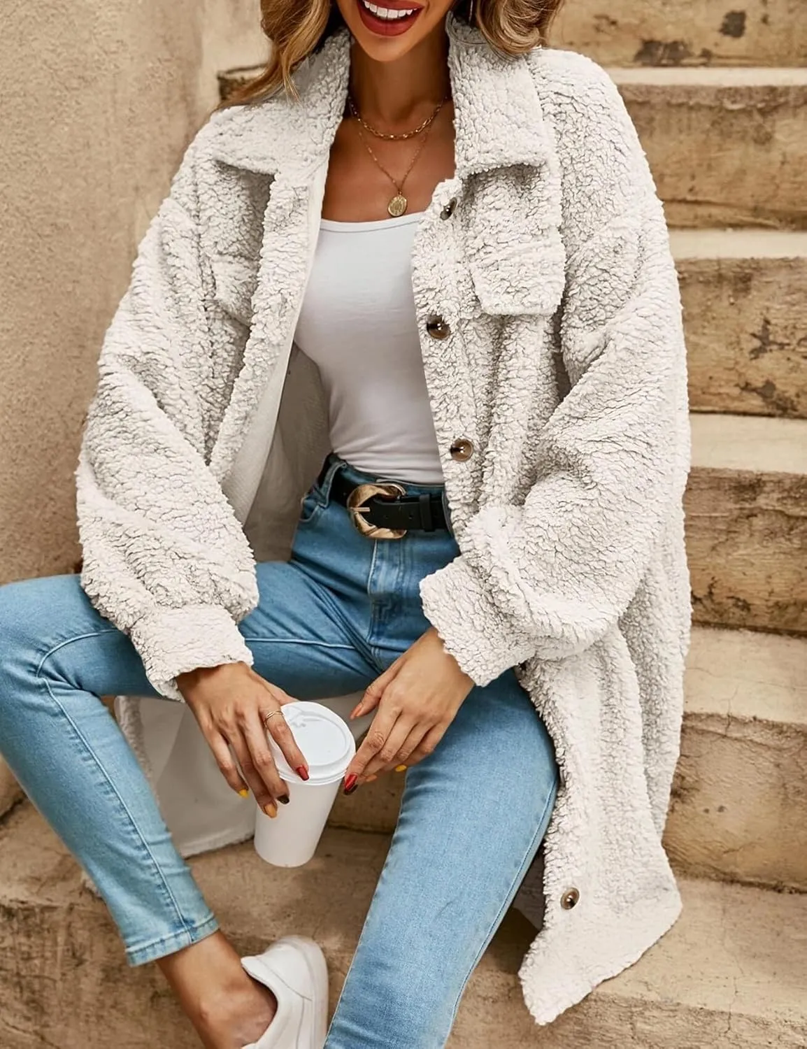 Womens Long Fleece Jacket Fall Winter Coats Teddy Faux Fur Coat Fuzzy Fleece Fluffy Warm Sherpa Jackets