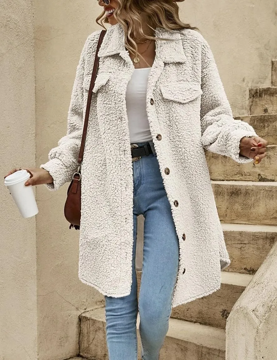 Womens Long Fleece Jacket Fall Winter Coats Teddy Faux Fur Coat Fuzzy Fleece Fluffy Warm Sherpa Jackets