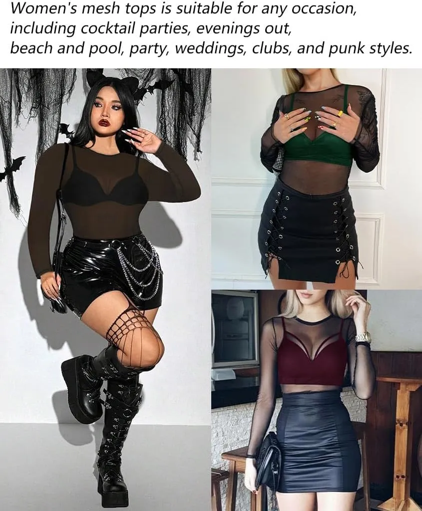 Women's Mesh Tops See Through Shirts Long Sleeve Bodycon Sheer Blouse Clubwear