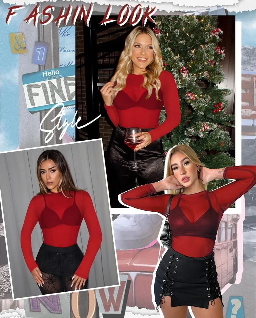 Women's Mesh Tops See Through Shirts Long Sleeve Bodycon Sheer Blouse Clubwear