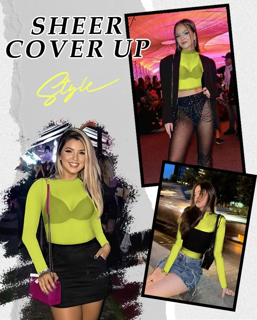 Women's Mesh Tops See Through Shirts Long Sleeve Bodycon Sheer Blouse Clubwear