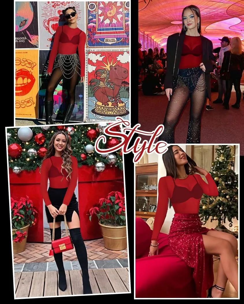 Women's Mesh Tops See Through Shirts Long Sleeve Bodycon Sheer Blouse Clubwear