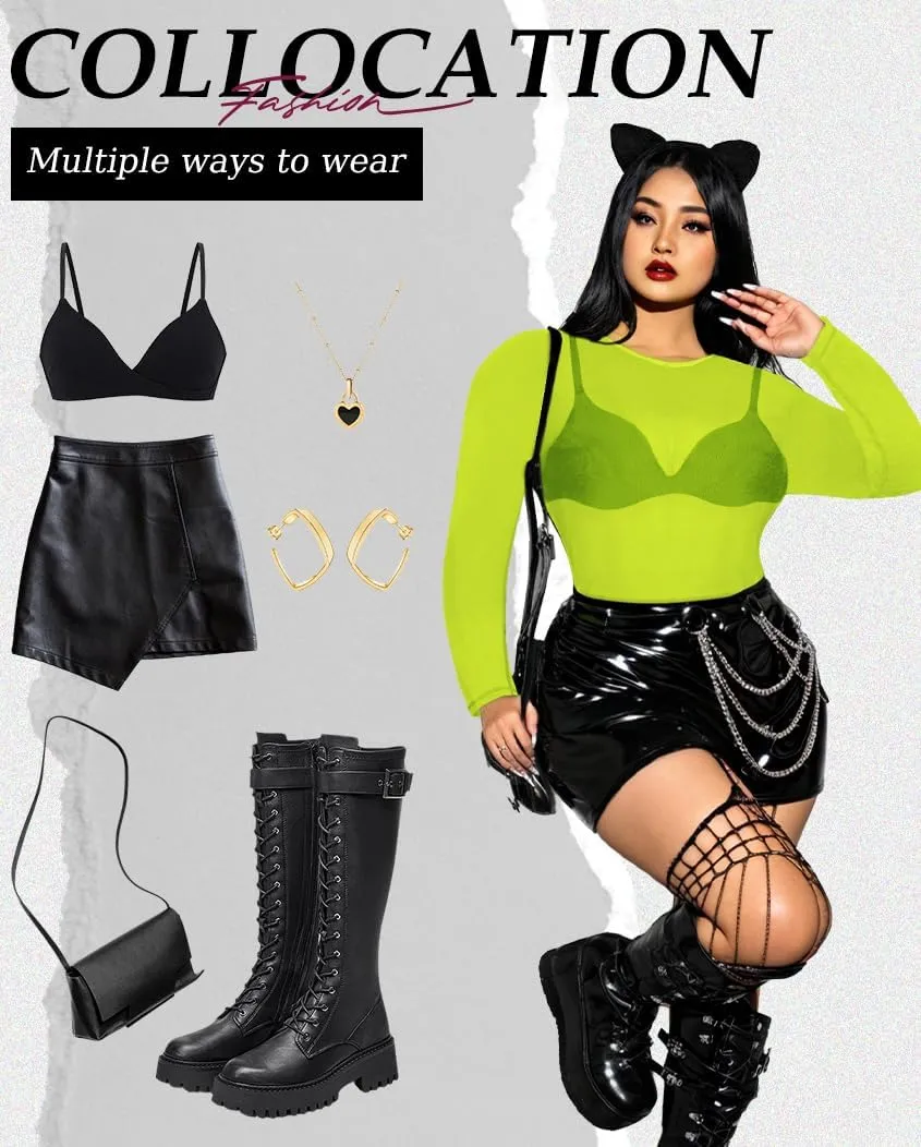 Women's Mesh Tops See Through Shirts Long Sleeve Bodycon Sheer Blouse Clubwear