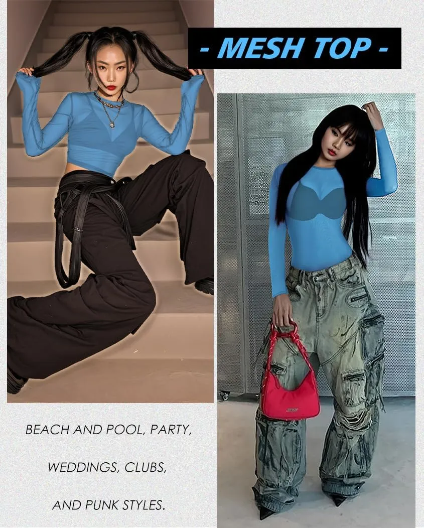 Women's Mesh Tops See Through Shirts Long Sleeve Bodycon Sheer Blouse Clubwear