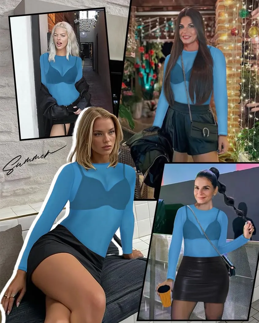 Women's Mesh Tops See Through Shirts Long Sleeve Bodycon Sheer Blouse Clubwear
