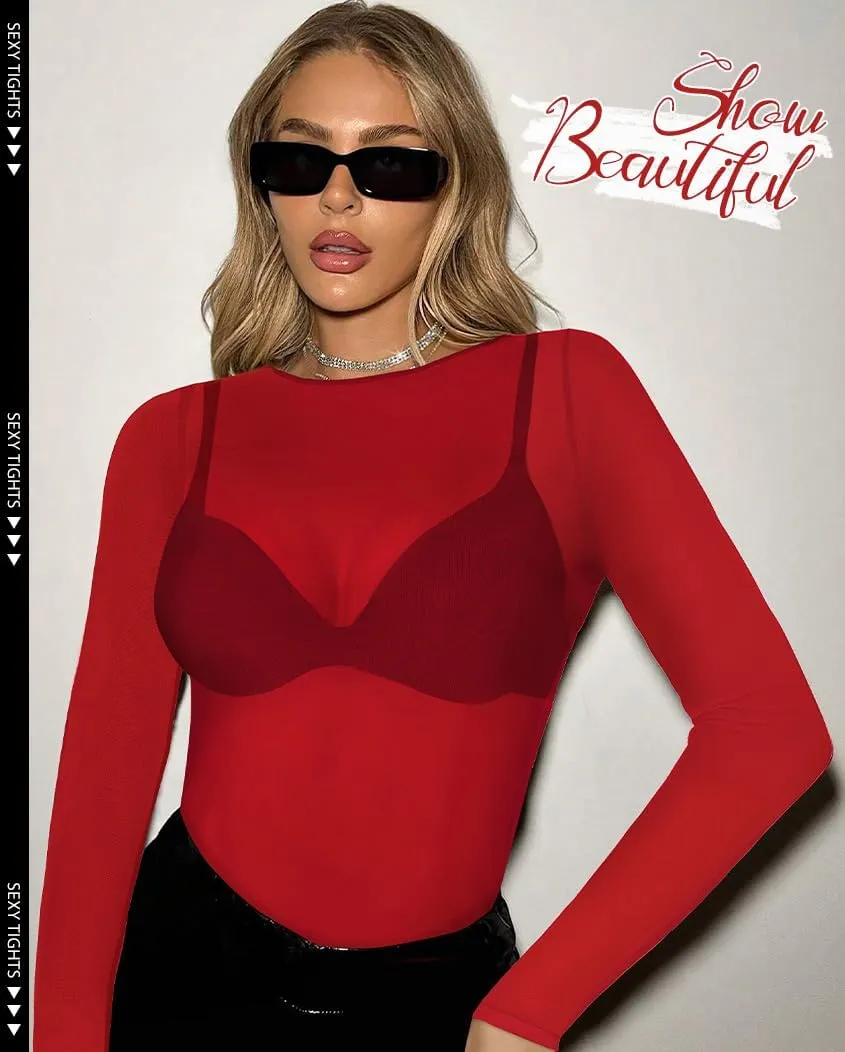 Women's Mesh Tops See Through Shirts Long Sleeve Bodycon Sheer Blouse Clubwear