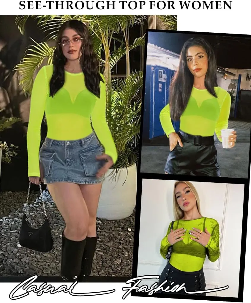 Women's Mesh Tops See Through Shirts Long Sleeve Bodycon Sheer Blouse Clubwear
