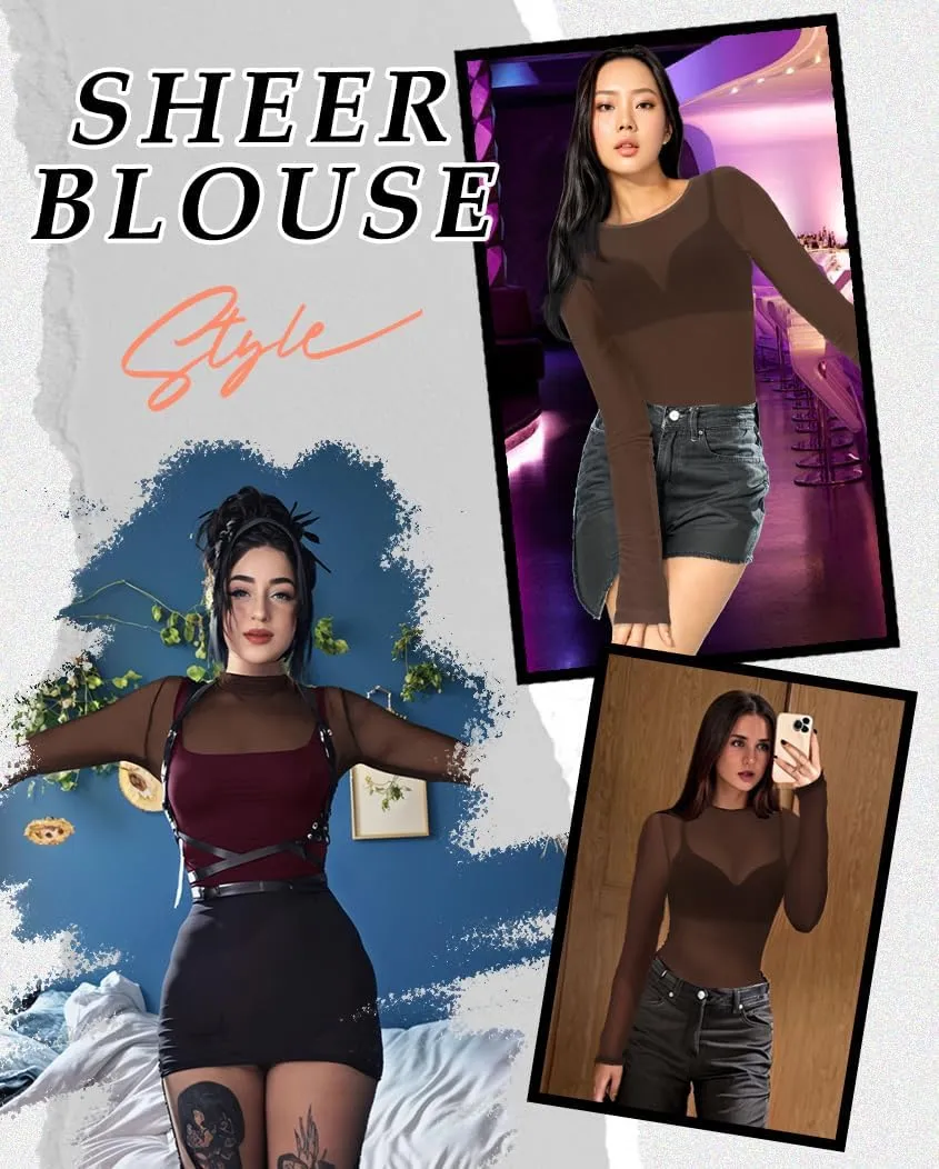 Women's Mesh Tops See Through Shirts Long Sleeve Bodycon Sheer Blouse Clubwear