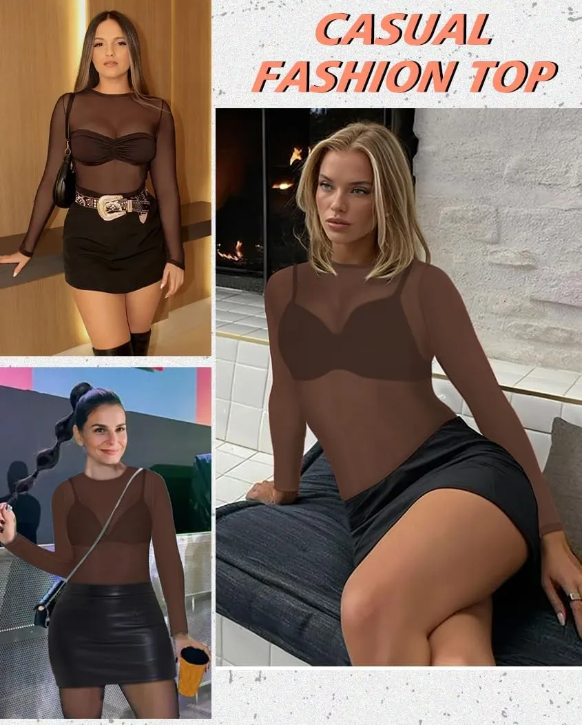 Women's Mesh Tops See Through Shirts Long Sleeve Bodycon Sheer Blouse Clubwear