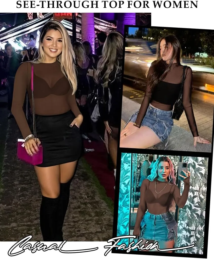 Women's Mesh Tops See Through Shirts Long Sleeve Bodycon Sheer Blouse Clubwear