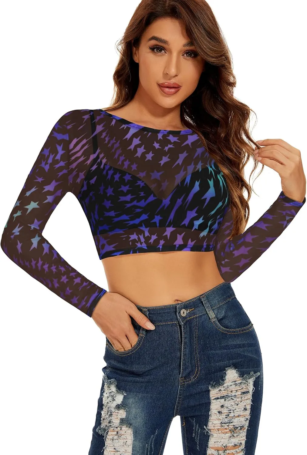Women's Mesh Tops See Through Shirts Long Sleeve Bodycon Sheer Blouse Clubwear