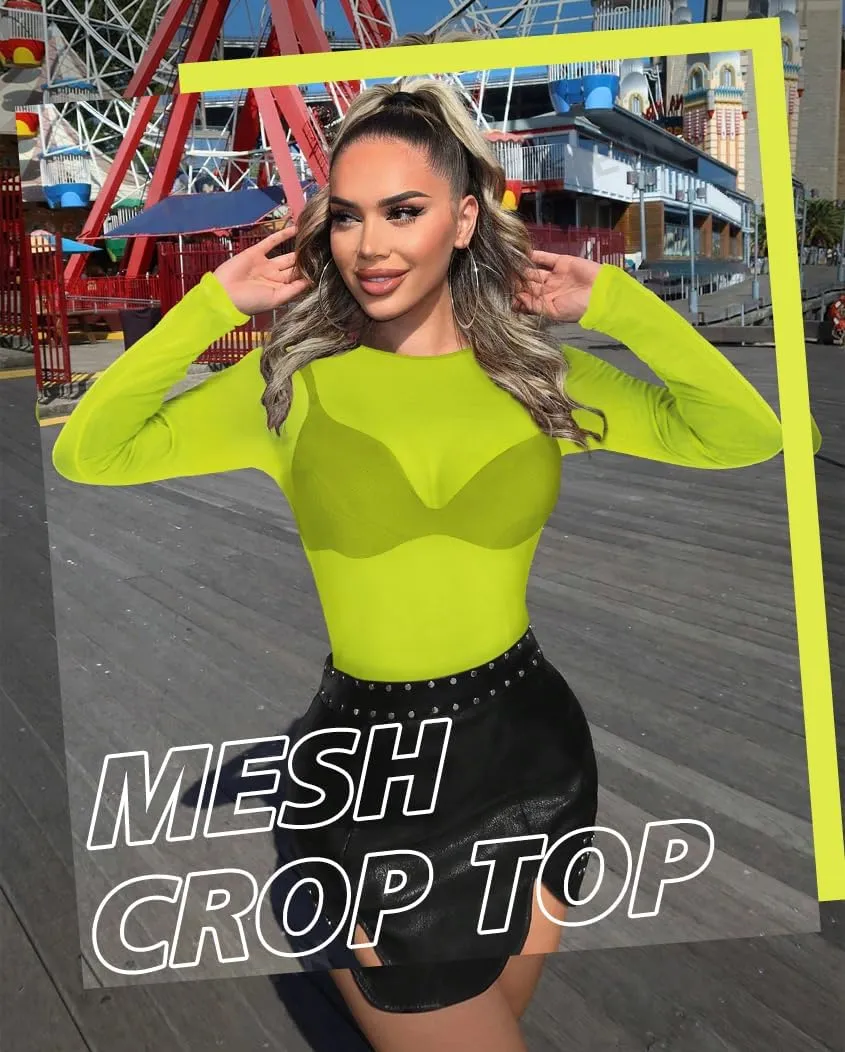 Women's Mesh Tops See Through Shirts Long Sleeve Bodycon Sheer Blouse Clubwear
