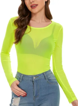 Women's Mesh Tops See Through Shirts Long Sleeve Bodycon Sheer Blouse Clubwear