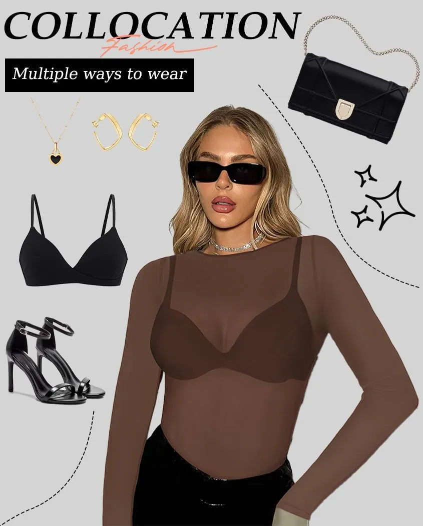 Women's Mesh Tops See Through Shirts Long Sleeve Bodycon Sheer Blouse Clubwear