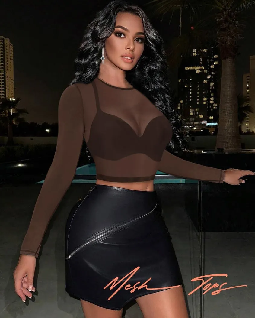 Women's Mesh Tops See Through Shirts Long Sleeve Bodycon Sheer Blouse Clubwear