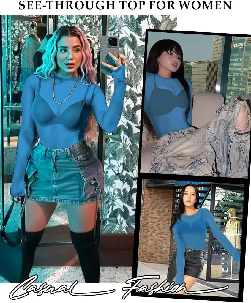 Women's Mesh Tops See Through Shirts Long Sleeve Bodycon Sheer Blouse Clubwear