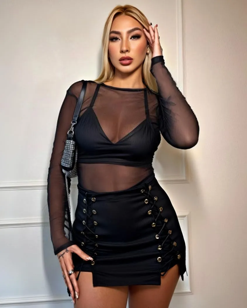Women's Mesh Tops See Through Shirts Long Sleeve Bodycon Sheer Blouse Clubwear