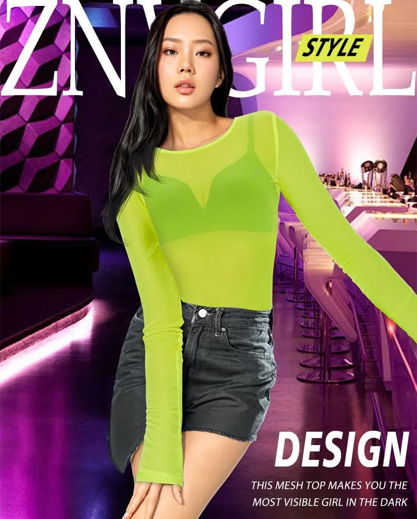 Women's Mesh Tops See Through Shirts Long Sleeve Bodycon Sheer Blouse Clubwear