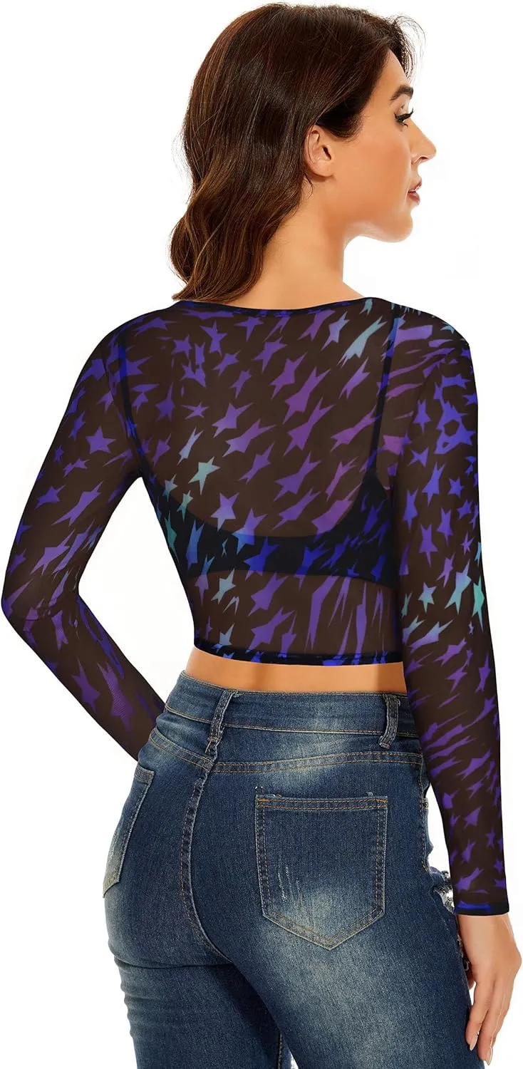 Women's Mesh Tops See Through Shirts Long Sleeve Bodycon Sheer Blouse Clubwear