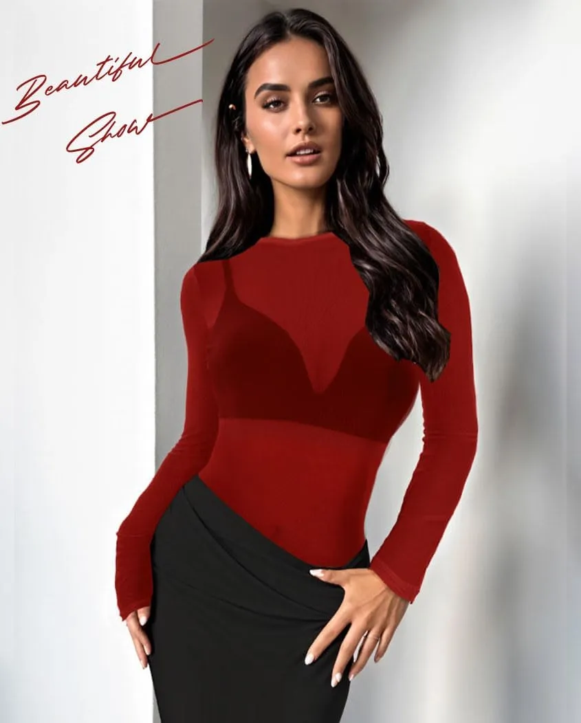 Women's Mesh Tops Sheer Long Sleeve Tee Shirts Bodycon See Through Blouse Clubwear