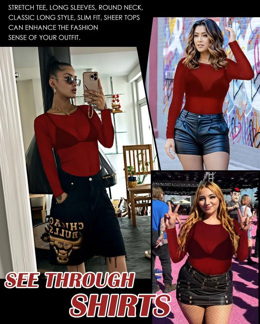 Women's Mesh Tops Sheer Long Sleeve Tee Shirts Bodycon See Through Blouse Clubwear